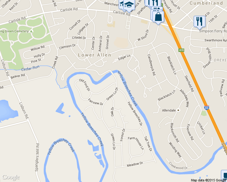 map of restaurants, bars, coffee shops, grocery stores, and more near 106 Green Lane Drive in Camp Hill