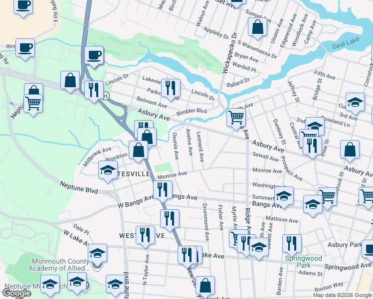 map of restaurants, bars, coffee shops, grocery stores, and more near 117 Anelve Avenue in Neptune City