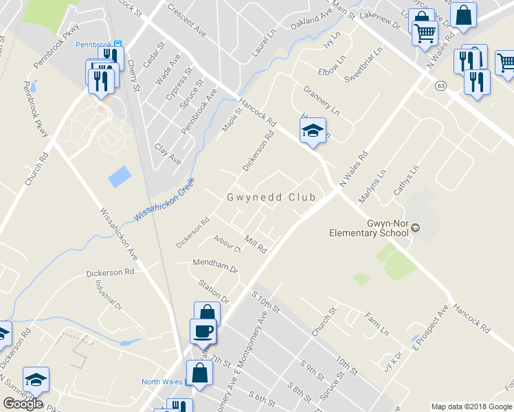 map of restaurants, bars, coffee shops, grocery stores, and more near 28 Belfast Drive in North Wales