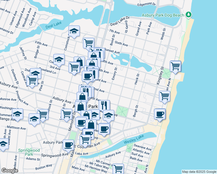 map of restaurants, bars, coffee shops, grocery stores, and more near 1007 Emory Street in Asbury Park