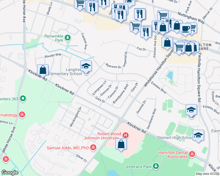map of restaurants, bars, coffee shops, grocery stores, and more near 18 Duncan Drive in Hamilton Township