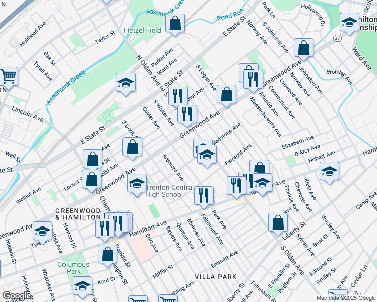 map of restaurants, bars, coffee shops, grocery stores, and more near 245 South Walter Avenue in Trenton