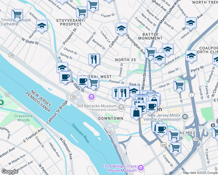 map of restaurants, bars, coffee shops, grocery stores, and more near 178 West Hanover Street in Trenton