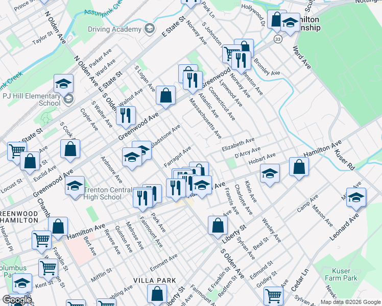 map of restaurants, bars, coffee shops, grocery stores, and more near 425 South Logan Avenue in Trenton