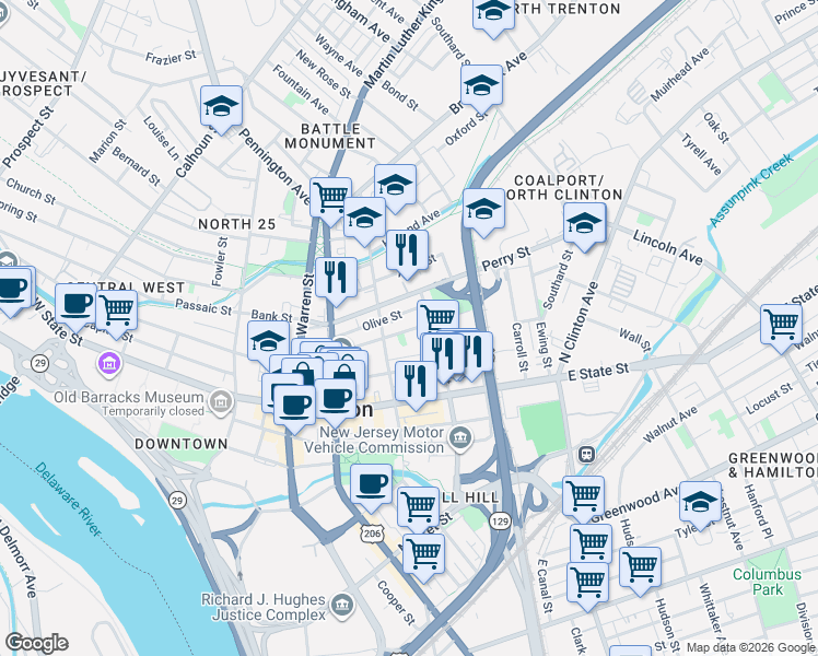 map of restaurants, bars, coffee shops, grocery stores, and more near 224 Academy Street in Trenton
