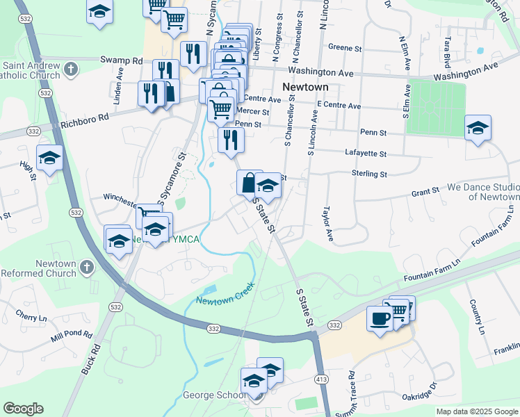 map of restaurants, bars, coffee shops, grocery stores, and more near 16 Dunham Lane in Newtown