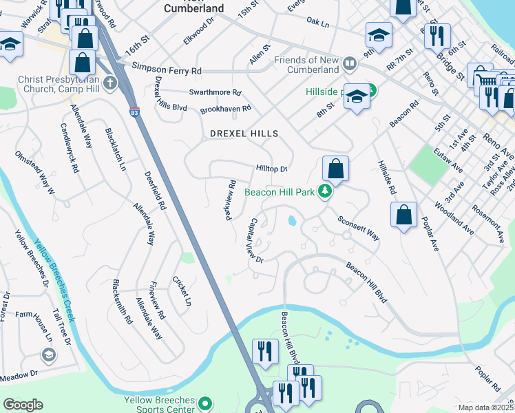 map of restaurants, bars, coffee shops, grocery stores, and more near 62 Drexel Place in New Cumberland
