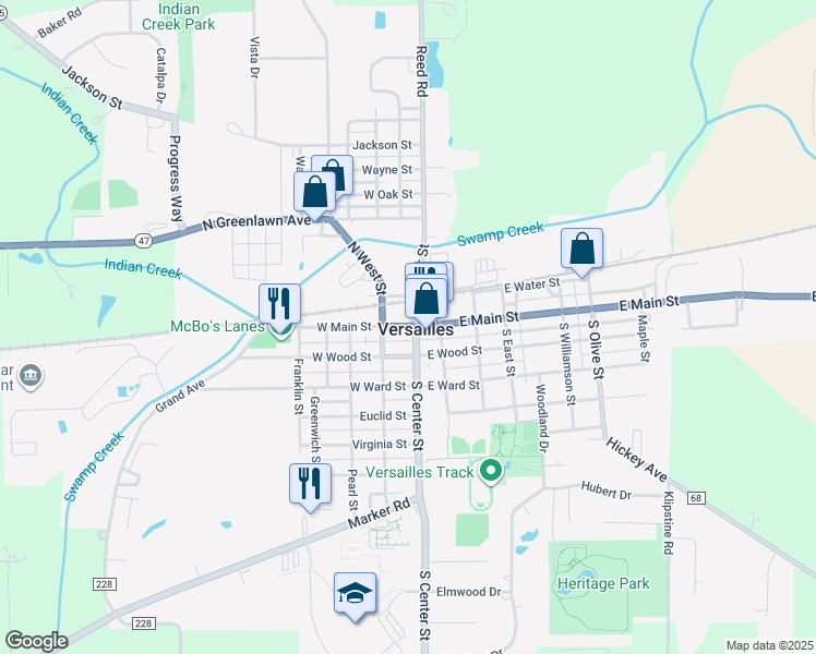 map of restaurants, bars, coffee shops, grocery stores, and more near 17 East Main Street in Versailles