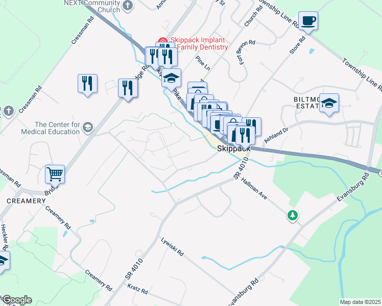 map of restaurants, bars, coffee shops, grocery stores, and more near 3941 Seneca Court in Skippack