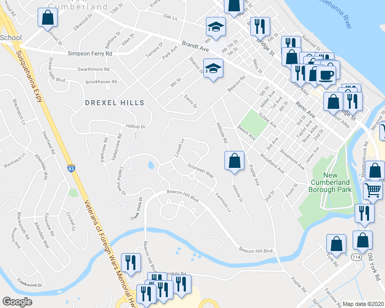 map of restaurants, bars, coffee shops, grocery stores, and more near 17 Vineyard Haven in New Cumberland