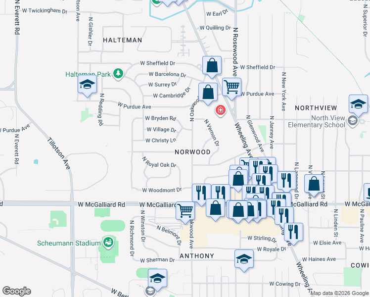 map of restaurants, bars, coffee shops, grocery stores, and more near 2004 West Norwood Drive in Muncie