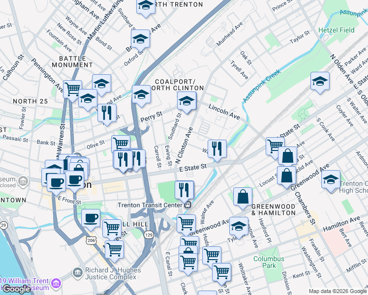 map of restaurants, bars, coffee shops, grocery stores, and more near 50 N Clinton Ave in Trenton