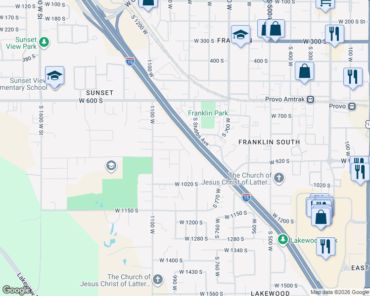 map of restaurants, bars, coffee shops, grocery stores, and more near 843s West 770 South Street in Provo