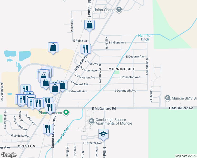 map of restaurants, bars, coffee shops, grocery stores, and more near 1731 East Princeton Avenue in Muncie