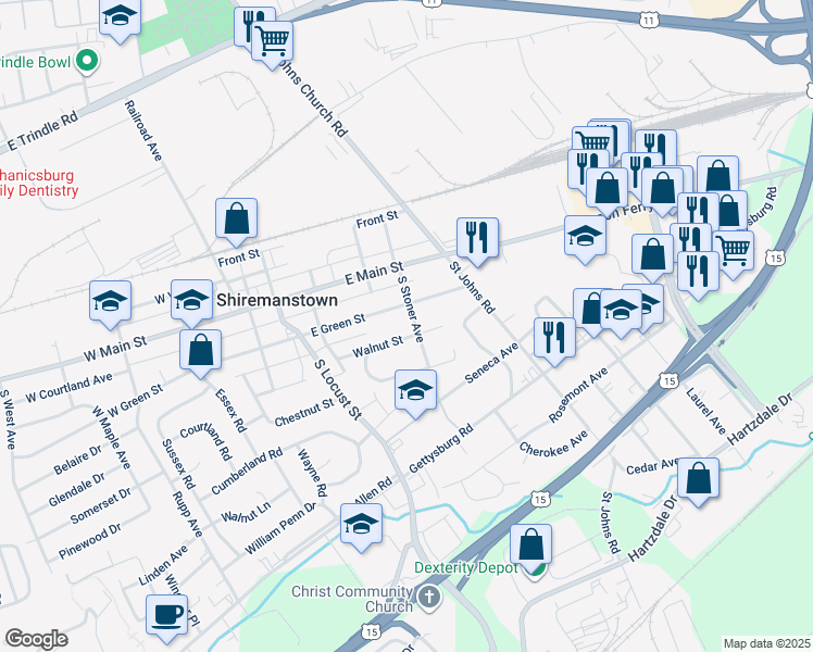 map of restaurants, bars, coffee shops, grocery stores, and more near 104 South Stoner Avenue in Camp Hill