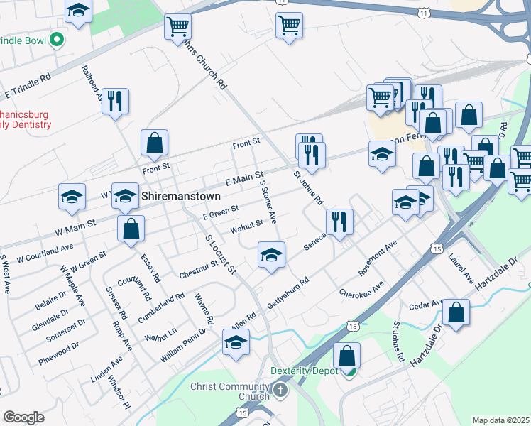 map of restaurants, bars, coffee shops, grocery stores, and more near 104 South Stoner Avenue in Camp Hill