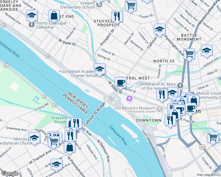 map of restaurants, bars, coffee shops, grocery stores, and more near 315 West State Street in Trenton