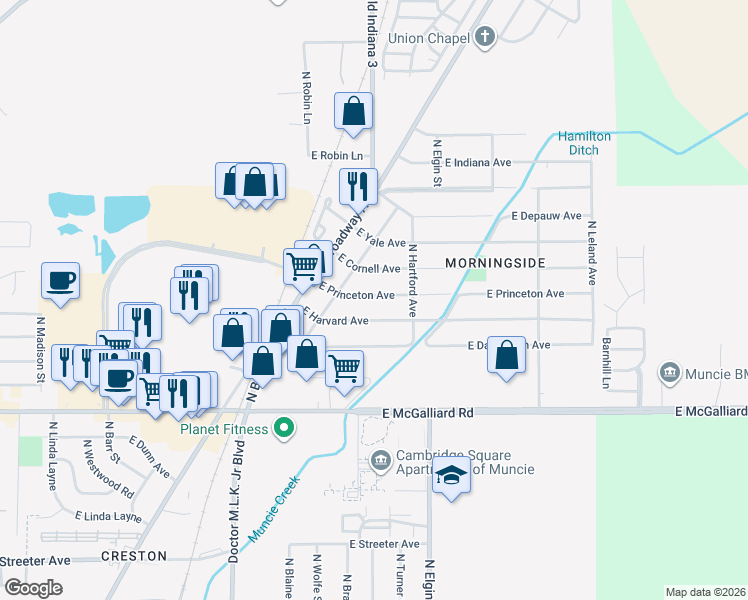 map of restaurants, bars, coffee shops, grocery stores, and more near 1627 East Princeton Avenue in Muncie