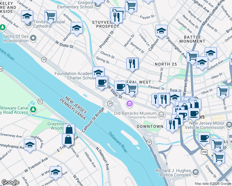 map of restaurants, bars, coffee shops, grocery stores, and more near 315 West State Street in Trenton