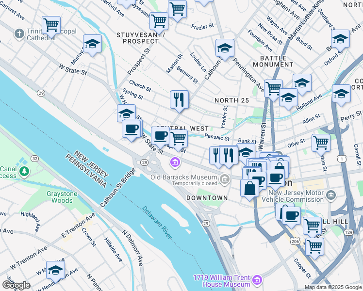 map of restaurants, bars, coffee shops, grocery stores, and more near 215 West Hanover Street in Trenton