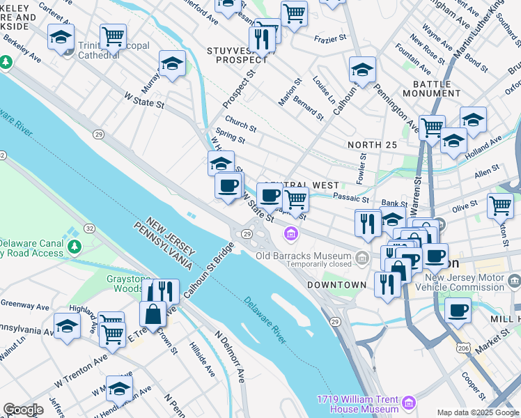 map of restaurants, bars, coffee shops, grocery stores, and more near 302 West State Street in Trenton