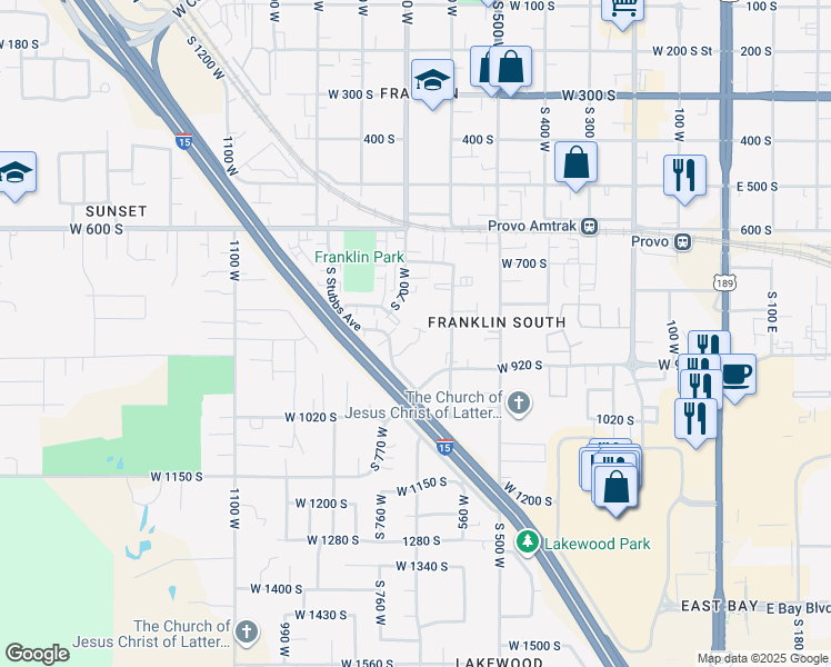 map of restaurants, bars, coffee shops, grocery stores, and more near 672 Lebon Circle in Provo