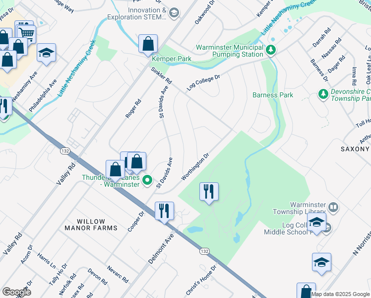 map of restaurants, bars, coffee shops, grocery stores, and more near 739 Pelham Avenue in Warminster
