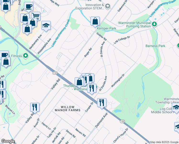 map of restaurants, bars, coffee shops, grocery stores, and more near 687 Clifford Street in Warminster
