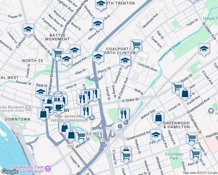 map of restaurants, bars, coffee shops, grocery stores, and more near 56 Carroll Street in Trenton