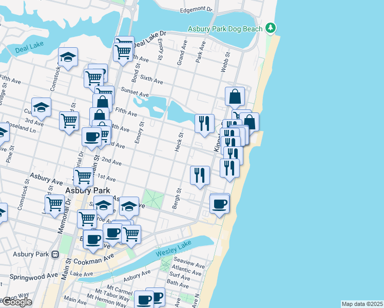 map of restaurants, bars, coffee shops, grocery stores, and more near 210 4th Avenue in Asbury Park