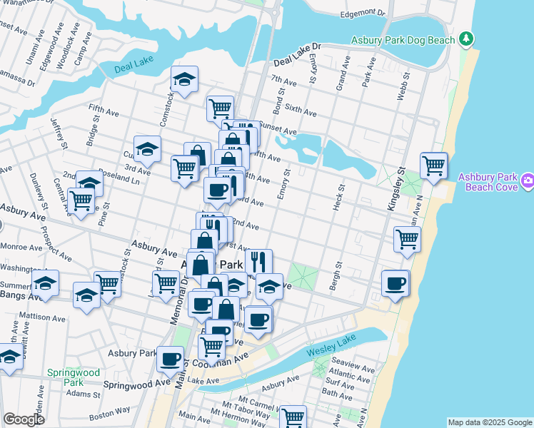 map of restaurants, bars, coffee shops, grocery stores, and more near 1007 Emory Street in Asbury Park