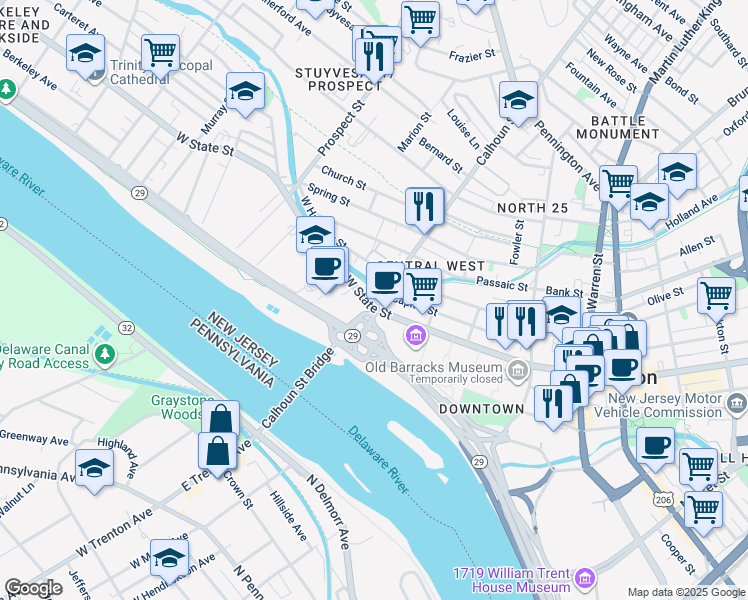 map of restaurants, bars, coffee shops, grocery stores, and more near 315 West State Street in Trenton