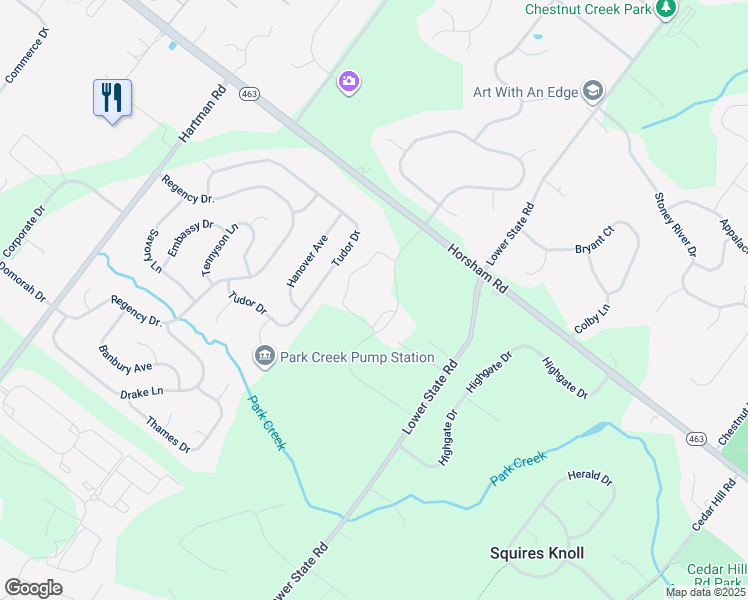 map of restaurants, bars, coffee shops, grocery stores, and more near 136 Tudor Drive in North Wales
