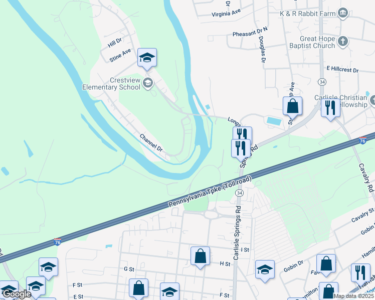 map of restaurants, bars, coffee shops, grocery stores, and more near 21 Channel Drive in Carlisle