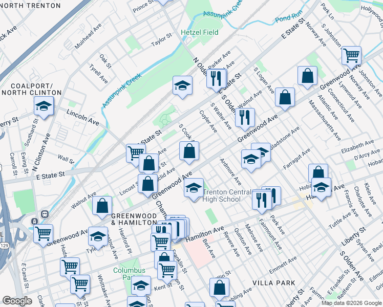 map of restaurants, bars, coffee shops, grocery stores, and more near 342 Euclid Avenue in Trenton