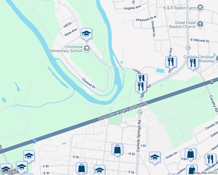 map of restaurants, bars, coffee shops, grocery stores, and more near 21 Channel Drive in Carlisle