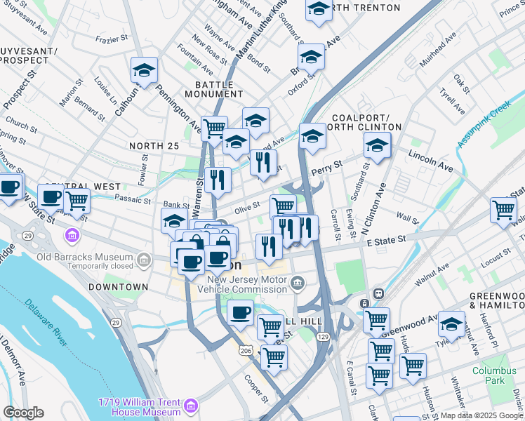 map of restaurants, bars, coffee shops, grocery stores, and more near 224 Academy Street in Trenton