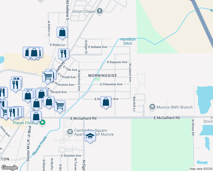 map of restaurants, bars, coffee shops, grocery stores, and more near 2125 East Princeton Avenue in Muncie