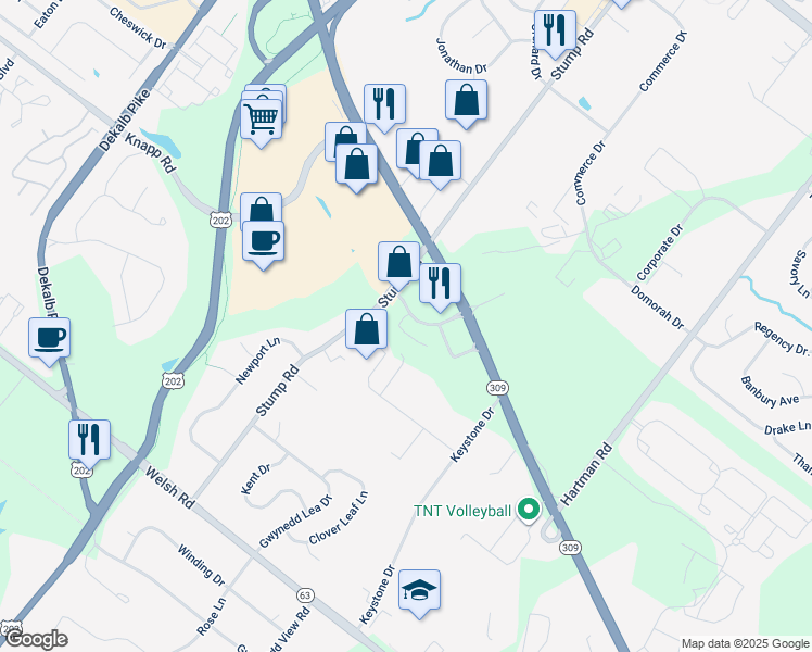 map of restaurants, bars, coffee shops, grocery stores, and more near in North Wales
