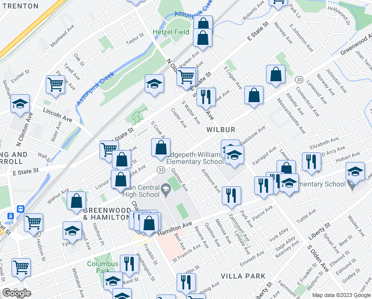 map of restaurants, bars, coffee shops, grocery stores, and more near 1020 Greenwood Avenue in Trenton