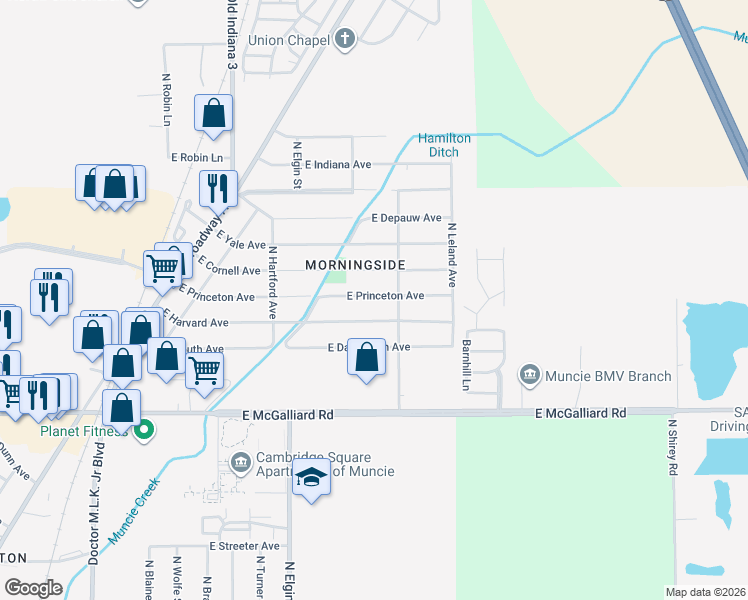 map of restaurants, bars, coffee shops, grocery stores, and more near 2201 East Princeton Avenue in Muncie