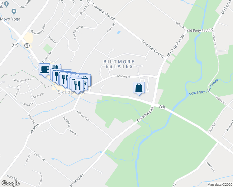 map of restaurants, bars, coffee shops, grocery stores, and more near 3859 Skippack Pike in Schwenksville
