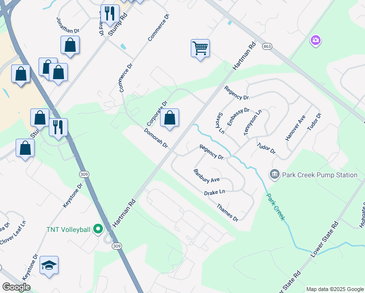 map of restaurants, bars, coffee shops, grocery stores, and more near 103 Citadel Court in North Wales