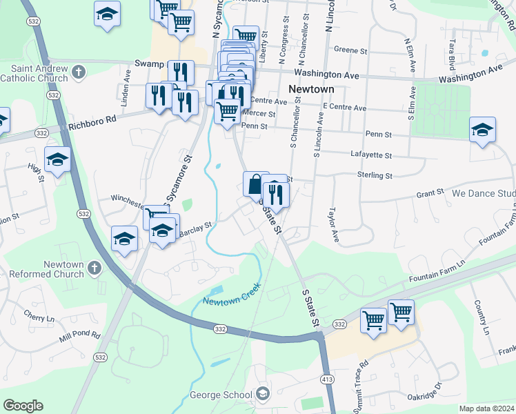 map of restaurants, bars, coffee shops, grocery stores, and more near 408 South State Street in Newtown