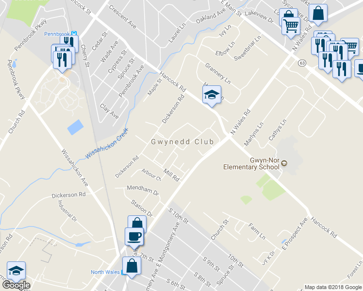 map of restaurants, bars, coffee shops, grocery stores, and more near 69 Wexford Road in North Wales