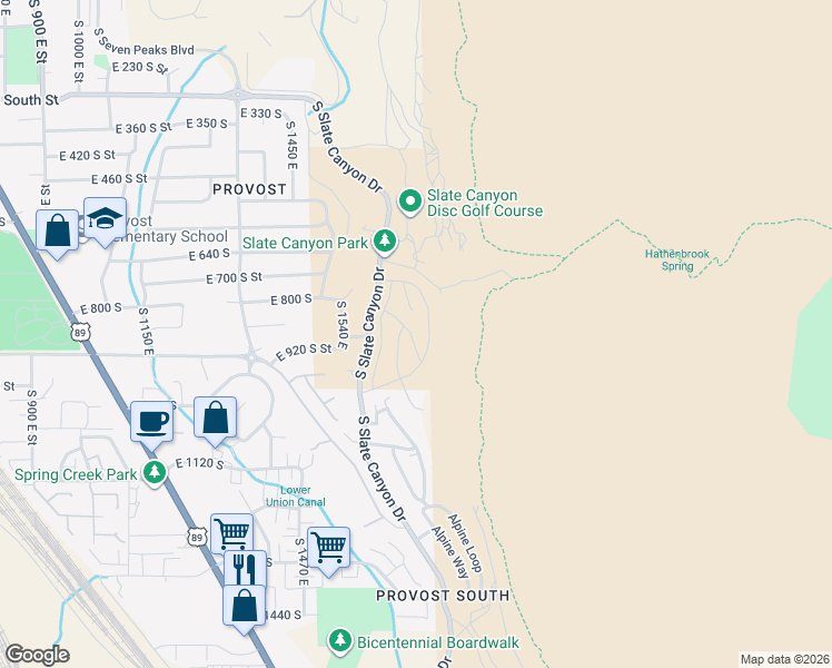 map of restaurants, bars, coffee shops, grocery stores, and more near 890 Aspen Summit Drive in Provo