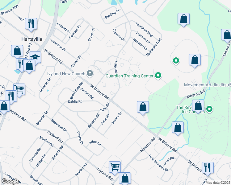 map of restaurants, bars, coffee shops, grocery stores, and more near 202 Countryside Court in Warminster