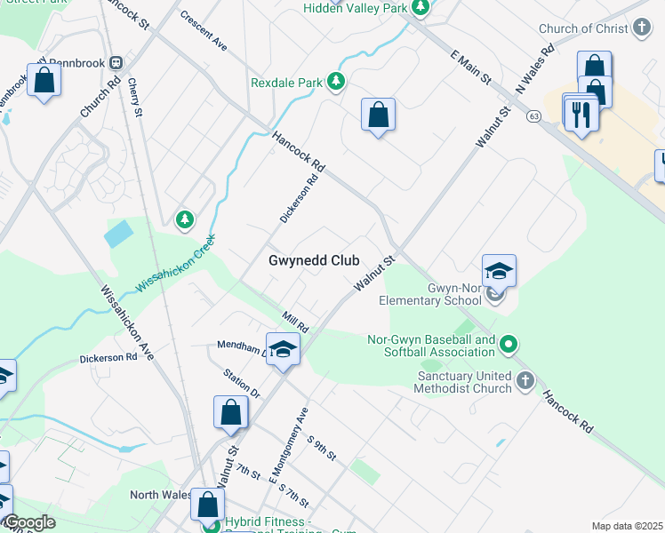 map of restaurants, bars, coffee shops, grocery stores, and more near 66 Wexford Drive in North Wales