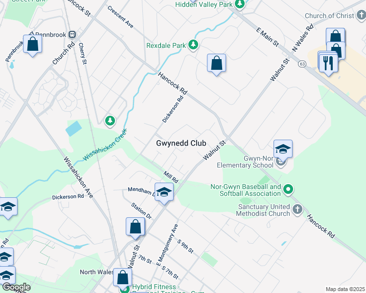map of restaurants, bars, coffee shops, grocery stores, and more near 69 Wexford Road in North Wales