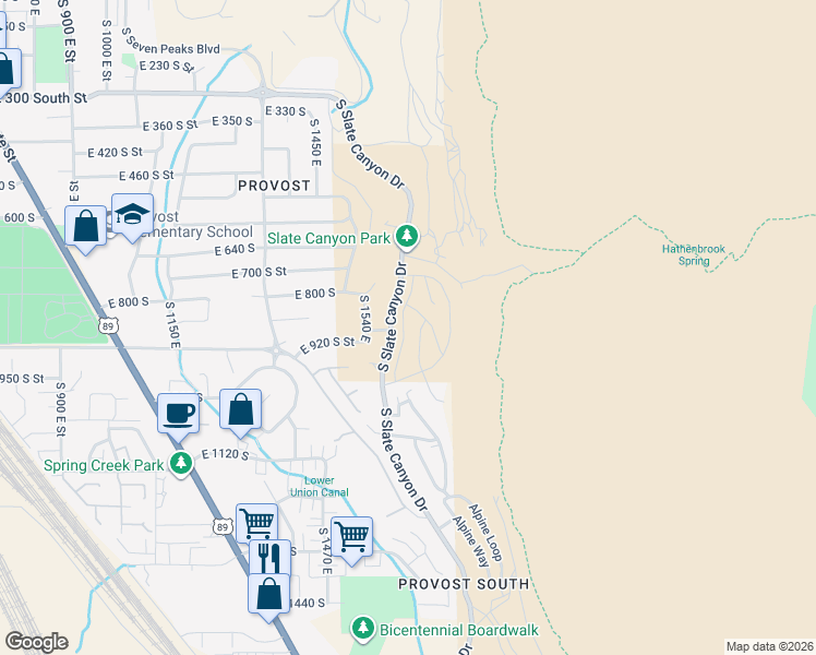 map of restaurants, bars, coffee shops, grocery stores, and more near 908 South Aspen Place in Provo